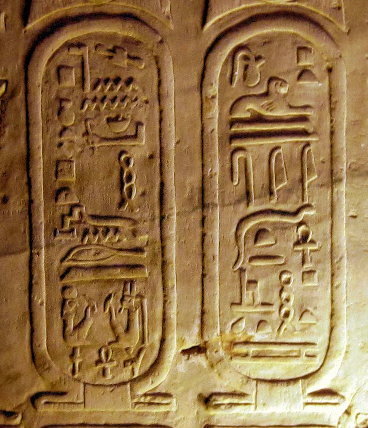 A close photograph of an oval on a temple wall with hieroglyphs inside it, a royal name.