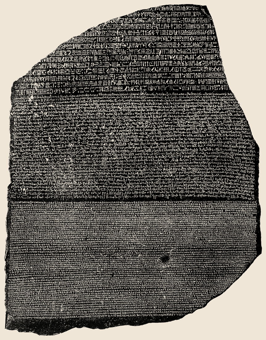 The Rosetta Stone, a broken dark slab with three bands of writing. Pictures at the top, everyday writing in the middle, and Greek letters at the bottom.